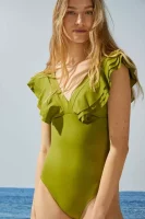 Дамски зелен бански костюм от една част с деколте и волани